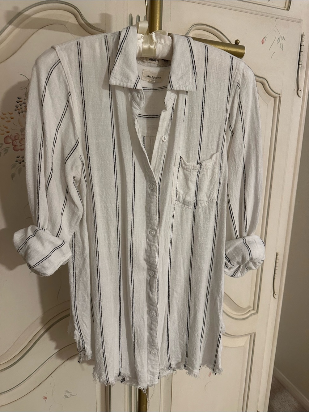 Women’s Thread & Supply White Button-Down Shirt with Black Vertical Stripes